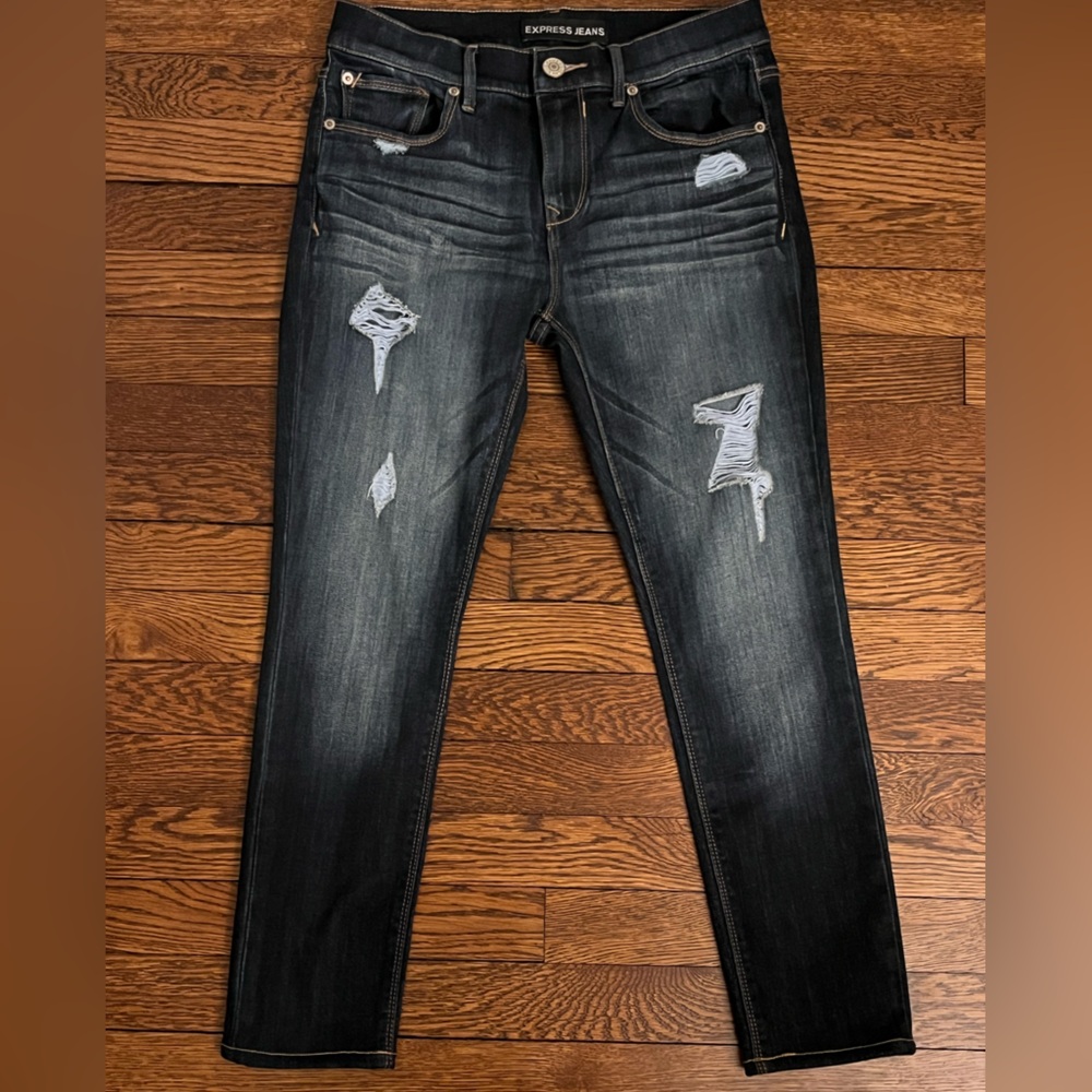 Express Mid Rise Legging Jeans, Distressed Dark Wash - Size 4 Short